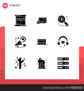 Mobile Interface Solid Glyph Set of 9 Pictograms of advertisment, announcement, login, setting, tax monitoring Editable Vector Design Elements