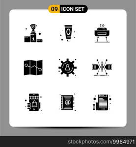 Mobile Interface Solid Glyph Set of 9 Pictograms of architect, content storage, barbeque, big data development, map Editable Vector Design Elements