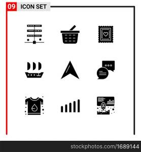Mobile Interface Solid Glyph Set of 9 Pictograms of chat, map, cookies, location, sailfish Editable Vector Design Elements