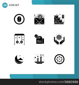 Mobile Interface Solid Glyph Set of 9 Pictograms of check, sports, direction, sport, child Editable Vector Design Elements