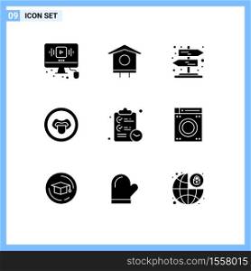 Mobile Interface Solid Glyph Set of 9 Pictograms of clipboard, science, spring, lips, biology Editable Vector Design Elements