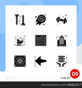 Mobile Interface Solid Glyph Set of 9 Pictograms of communication, claus, sport, christmas, gym Editable Vector Design Elements