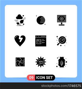 Mobile Interface Solid Glyph Set of 9 Pictograms of develop, code, branding, c, infarct Editable Vector Design Elements