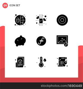 Mobile Interface Solid Glyph Set of 9 Pictograms of edit, crypto, symbolism, coin, vegetable Editable Vector Design Elements