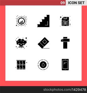 Mobile Interface Solid Glyph Set of 9 Pictograms of education, food, stage, cauliflower, floppy Editable Vector Design Elements