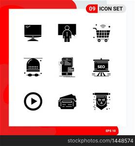 Mobile Interface Solid Glyph Set of 9 Pictograms of game, activities, person, wifi, internet of things Editable Vector Design Elements
