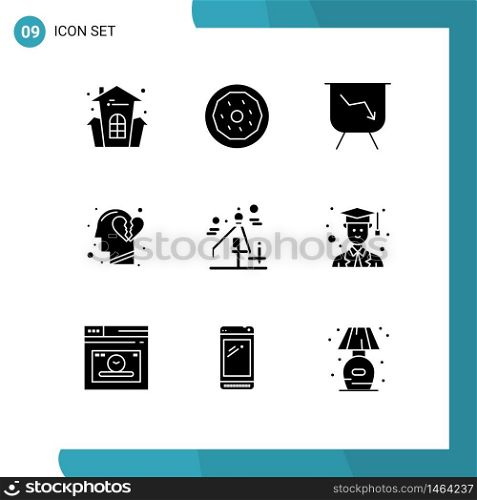 Mobile Interface Solid Glyph Set of 9 Pictograms of graphic, design, board, break heart, feeling Editable Vector Design Elements