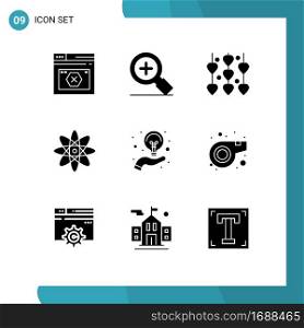 Mobile Interface Solid Glyph Set of 9 Pictograms of hand, bulb, decoration, science, atom Editable Vector Design Elements