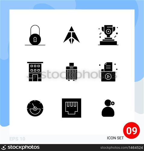 Mobile Interface Solid Glyph Set of 9 Pictograms of handbag, bag, cup, shops, house Editable Vector Design Elements