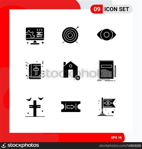 Mobile Interface Solid Glyph Set of 9 Pictograms of house, buildings, degrees, education, book Editable Vector Design Elements