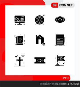 Mobile Interface Solid Glyph Set of 9 Pictograms of house, buildings, degrees, education, book Editable Vector Design Elements