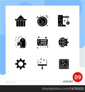 Mobile Interface Solid Glyph Set of 9 Pictograms of joystick, real estate, watch, discount, swing Editable Vector Design Elements