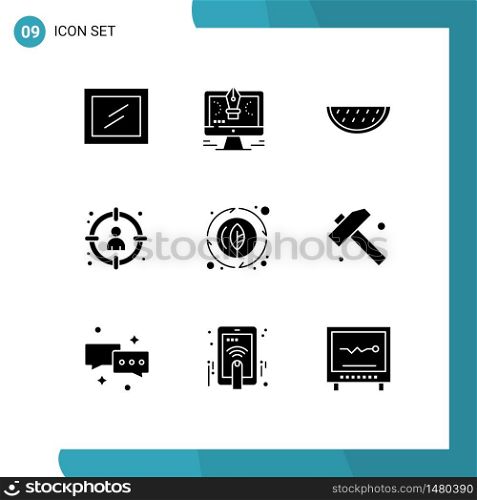 Mobile Interface Solid Glyph Set of 9 Pictograms of leaf, target, melon, select, head Editable Vector Design Elements