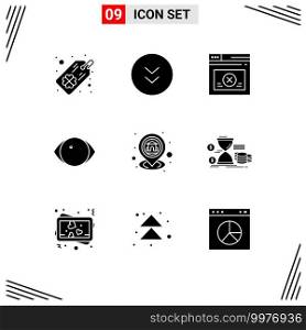 Mobile Interface Solid Glyph Set of 9 Pictograms of location, gps, secure, vision, face Editable Vector Design Elements