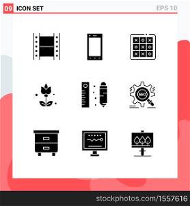 Mobile Interface Solid Glyph Set of 9 Pictograms of measuring, present, tac, flowers, game Editable Vector Design Elements