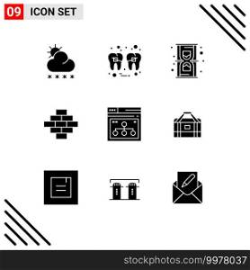Mobile Interface Solid Glyph Set of 9 Pictograms of page, construction, wire, building, time Editable Vector Design Elements