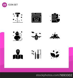 Mobile Interface Solid Glyph Set of 9 Pictograms of plane, drink, apple, gree tea, pot Editable Vector Design Elements