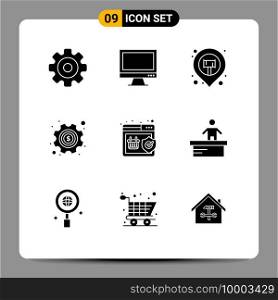 Mobile Interface Solid Glyph Set of 9 Pictograms of quality, options, pc, money, map pin Editable Vector Design Elements