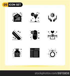Mobile Interface Solid Glyph Set of 9 Pictograms of salon, hair, glass, comb, hold Editable Vector Design Elements