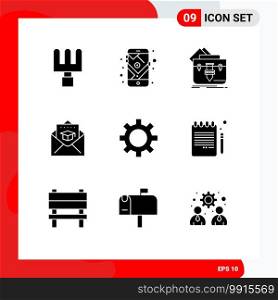 Mobile Interface Solid Glyph Set of 9 Pictograms of setting, cog, file, mail, education Editable Vector Design Elements