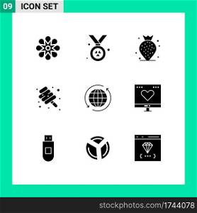 Mobile Interface Solid Glyph Set of 9 Pictograms of travel, globe, strawberry, global, sweet Editable Vector Design Elements