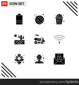 Mobile Interface Solid Glyph Set of 9 Pictograms of wifi, connection, snacks love, transport, bike Editable Vector Design Elements