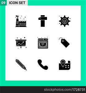 Mobile Interface Solid Glyph Set of 9 Pictograms of wifi, online, service, internet, presentation Editable Vector Design Elements