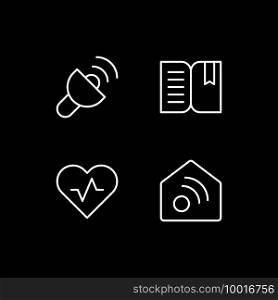 Mobile interface white linear icons set for dark theme. Lantern. Book reader. Health and wellness. Night mode customizable thin line symbols. Isolated vector outline illustrations. Editable stroke. Mobile interface white linear icons set for dark theme