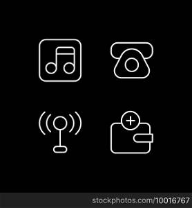 Mobile interface white linear icons set for dark theme. Phone book. Mobile networks. Songs, podcasts. Night mode customizable thin line symbols. Isolated vector outline illustrations. Editable stroke. Mobile interface white linear icons set for dark theme