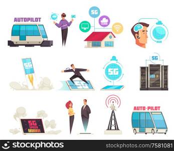 Mobile internet color set of cartoon icons illustrated application of 5G technology in modern life vector illustration