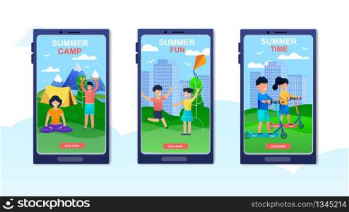 Mobile Landing Page Set Advertising Summer Camp. Online Application Describes Outdoor Recreation Benefits. Children Have Fun, Scooting on Open Air Enjoying Summer Time. Vector Illustration. Mobile Landing Page Set Advertising Summer Camp