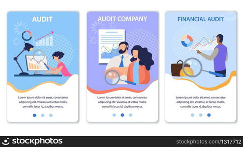 Mobile Landing Page Set Offering Financial Company Audit. Cartoon People Analytics Team Characters Working on Finance Balance Valuation, Calculating Business Risks. Vector Flat Illustration. Mobile Landing Page Set Offering Financial Audit