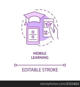 Mobile learning purple concept icon. Remote access. Electronic training abstract idea thin line illustration. Isolated outline drawing. Editable stroke. Roboto-Medium, Myriad Pro-Bold fonts used. Mobile learning purple concept icon