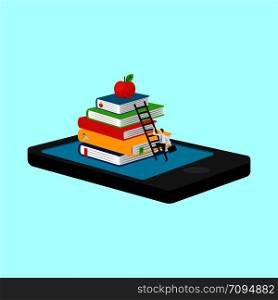 Mobile library in smartphone vector illustration. Isometric 3d online booking. Mobile library in smartphone