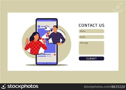 Mobile marketing concept. Contact us form. E-commerce, internet advertising, promotion. Vector illustration. Flat.