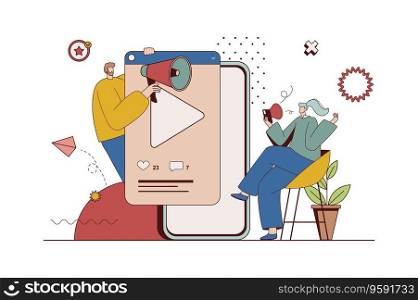 Mobile marketing concept with character situation in flat design. Man attracts new customers with viral video content, woman makes purchases e-commerce. Vector illustration with people scene for web