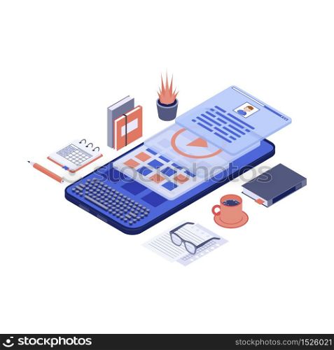 Mobile marketing content & copywriting isometric vector illustration. SMM, advertising creation 3d concept. Copywriter, editor, content writer workspace, workplace. Freelance, remote job
