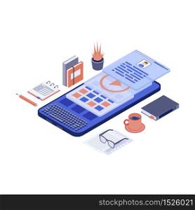 Mobile marketing content & copywriting isometric vector illustration. SMM, advertising creation 3d concept. Copywriter, editor, content writer workspace, workplace. Freelance, remote job