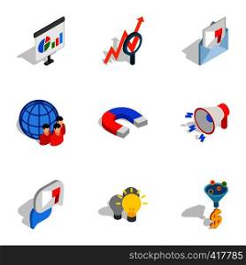 Mobile marketing icons set. Isometric 3d illustration of 9 mobile marketing vector icons for web. Mobile marketing icons, isometric 3d style