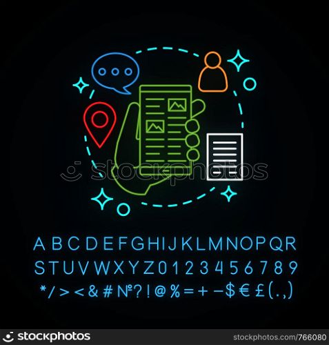 Mobile marketing neon light concept icon. Social media idea. Smartphone apps. Online communication. Glowing sign with alphabet, numbers and symbols. Vector isolated illustration. Mobile marketing neon light concept icon