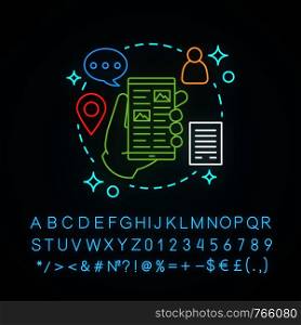 Mobile marketing neon light concept icon. Social media idea. Smartphone apps. Online communication. Glowing sign with alphabet, numbers and symbols. Vector isolated illustration. Mobile marketing neon light concept icon