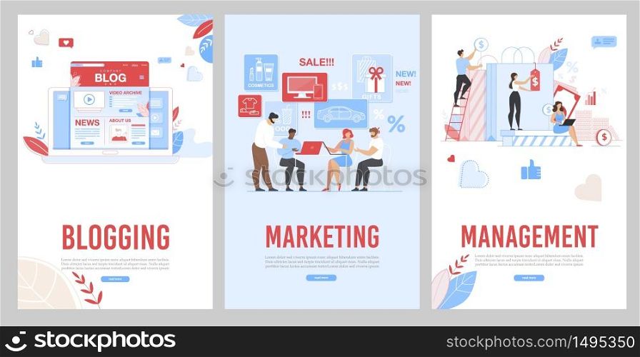 Mobile Media Blogging, Marketing and Management Flat Page for Online Service Freelance and Internet Business Support. People Working on Creating and Choosing Strategy. Vector Cartoon Illustration. Mobile Blogging, Marketing and Management Page