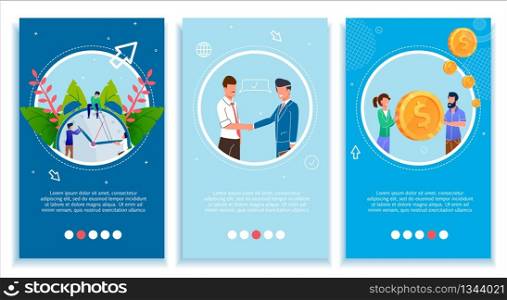 Mobile Media Pages Set for Business Improve and Develop. Social Network with Office People Regulating Time on Huge Clock, Handshaking, Holding Big Dollar Coin. Vector Professional Success Illustration. Mobile Page Set for Business Improve and Develop