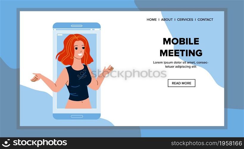 Mobile Meeting Woman Manager With Colleague Vector. Online Mobile Meeting And Conference Young Businesswoman With Partner. Character Lady Video Call On Smartphone Web Flat Cartoon Illustration. Mobile Meeting Woman Manager With Colleague Vector