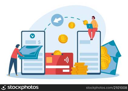 Mobile money transactions, transfer cash in internet banking. Vector money transfer and payment digital online by banking wallet illustration. Mobile money transactions, transfer cash in internet banking