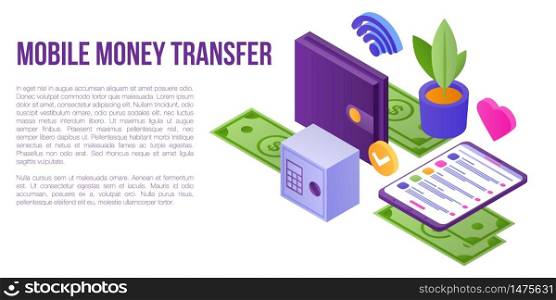 Mobile money transfer concept banner. Isometric illustration of mobile money transfer vector concept banner for web design. Mobile money transfer concept banner, isometric style