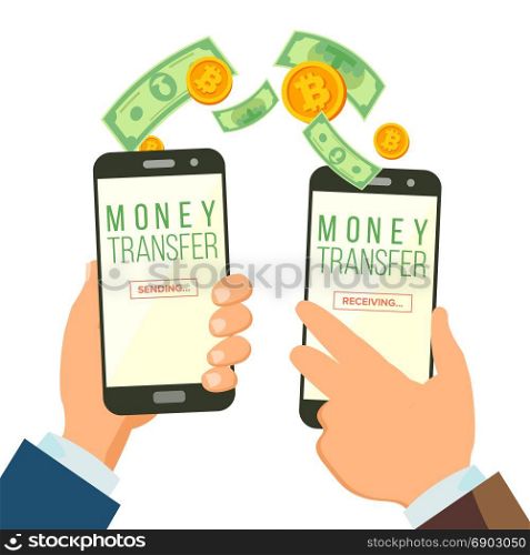 Mobile Money Transferring Banking Concept Vector. Hand Holding Smartphone. Dollar And Bitcoin. Wireless Finance Sending And Receiving. Modern Finance Economic. Isolated Illustration.. Mobile Money Transferring Banking Concept Vector. Hand Holding Smartphone. Dollar And Bitcoin. Wireless Finance Sending And Receiving. Modern Finance Economic. Isolated