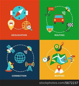 Mobile navigation geolocation routing mapping and connection flat icons set isolated vector illustration