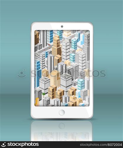 Mobile navigation in your mobile phone. Isometric city map showing the location of streets and houses.