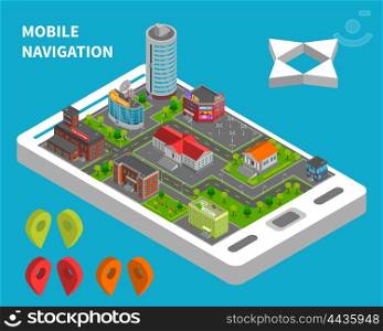 Mobile Navigation Isometric Concept . City constructor isometric vector illustration for mobile navigation service with urban landscape on phone screen